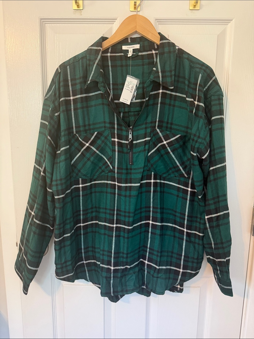 Maurices Green and Black Plaid Button-Down Shirt with Zip Front